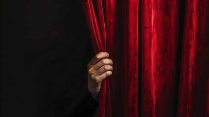 Mystery Behind the Curtain, Hand Revealing a Glimpse of Stage. Dramatic Theatrical Concept. Dark and Moody Ambiance. AI