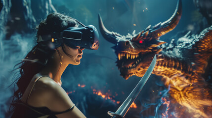 Woman in Virtual Reality Gear Facing Mythical Dragon, Virtual Reality Fantasy Video Game
