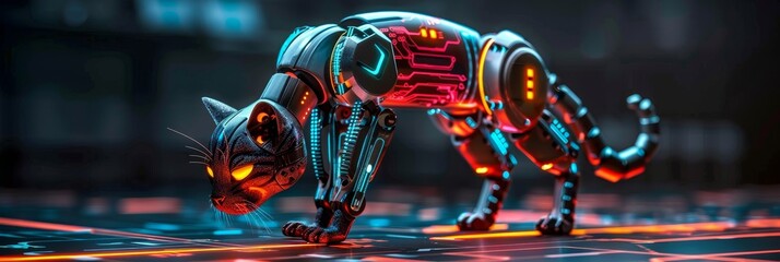 Sleek futuristic robotic cat with metallic limbs and glowing circuitry for high speed traversal