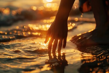 A hand is reaching into the water at the beach during sunset. The sun is setting in the background, casting a warm glow on the scene. - Powered by Adobe