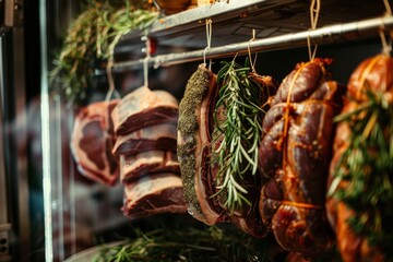 a variety of meats are hanging on a rack in a butcher shop