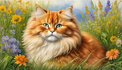 Naklejka na ściany i meble Abstract drawn illustration of red fluffy cat in summer meadow among wild field flowers.
