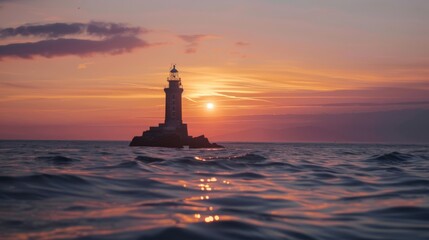Fototapeta premium Lighthouse Sunset with Tranquil Sea, Nautical Guidance in Vibrant Sky, Dusk Colors Over Serene Ocean, Coastal Beacon at Twilight