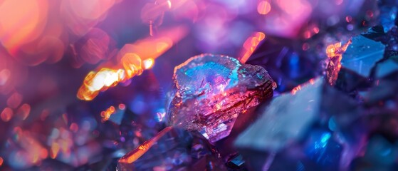 Abstract Texture of Purple Crystals in Close-Up, Macro Bokeh of Mineral Depth, Illuminated Quartz Details - obrazy, fototapety, plakaty