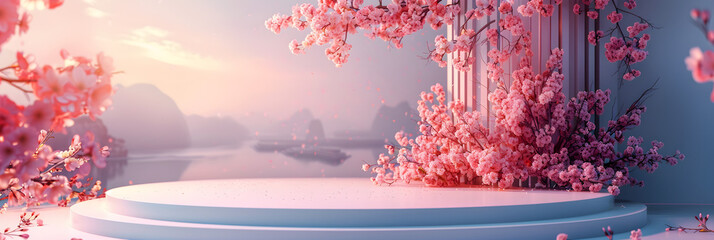 A beauty podium backdrop with pastel background and spring sakura flowers, perfect for beauty contests, fashion shows, or seasonal events.