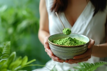 Healthy Lifestyle. A woman in white prepares Japanese matcha green tea