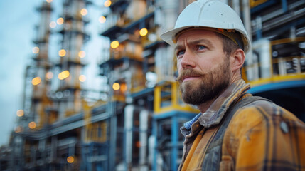 Engineer in a hard hat standing near a petrochemical plant, with a contemplative expression.