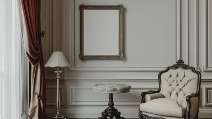 Interior photography detail of a home office study dark timber desk with an upholstered cream chair, AI generated