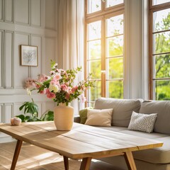 living room an empty light wooden table adorned with fresh flowers, windows that bathe the space in natural light.