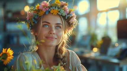 Swedish midsummer celebration - office party - vacations - june - midsummer - Woman with Floral Crown Radiating Positivity in Workspace; Harmonizing Work and Well-being