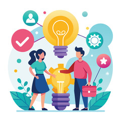 Man and Woman Standing Next to a Light Bulb, Teamwork ideas of partnership and departmental cooperation, Simple and minimalist flat Vector Illustration - obrazy, fototapety, plakaty