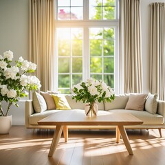 Fototapeta premium living room an empty light wooden table adorned with fresh flowers, windows that bathe the space in natural light.