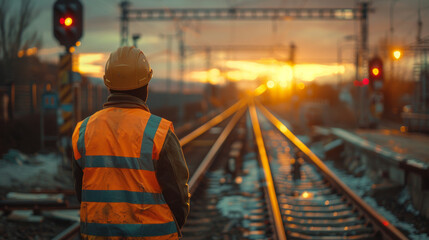 Engineer in safety vest and helmet at railway during sunset.
