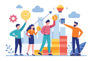 A group of individuals standing on a mound of currency coins, Teamwork improves stock marketing, Simple and minimalist flat Vector Illustration - obrazy, fototapety, plakaty