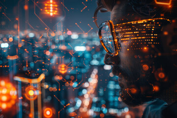 Engineer with glasses looking at holographic urban data overlays on a cityscape backdrop.