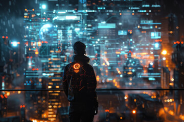 An engineer stands before a futuristic smart city with holographic interfaces and advanced technology.