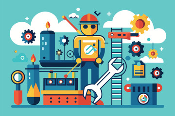 A man stands holding a wrench in front of a variety of tools in a workshop setting, technical repair, Simple and minimalist flat Vector Illustration