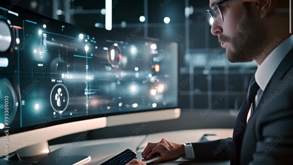 Poster man working at desk with computer generative ai