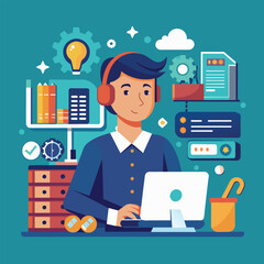 Fototapeta premium Man Sitting at Desk With Headphones On, technical support that works on repairing computer hardware and software, Simple and minimalist flat Vector Illustration