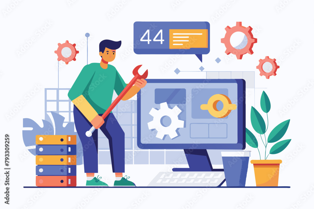Poster technician using wrench in front of computer screen to fix a bug error, technician fix a bug error 4