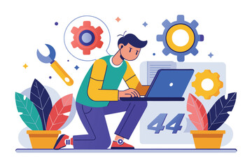 A man is sitting at a desk, focused on his laptop screen as he works, Technician fix a bug error 404, Simple and minimalist flat Vector Illustration