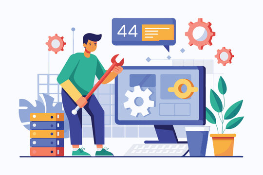 Technician using wrench in front of computer screen to fix a bug error, Technician fix a bug error 404, Simple and minimalist flat Vector Illustration