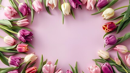 Celebrate Mother s Day by sending heartfelt wishes with a delightful display of tulips forming a heart shape on a soft pink background creating a charming top down view This heartfelt setup