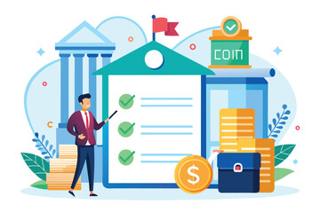 A man standing before a clipboard with a checklist, reviewing and marking items off the list, The bank loan contract was successful, Simple and minimalist flat Vector Illustration - obrazy, fototapety, plakaty