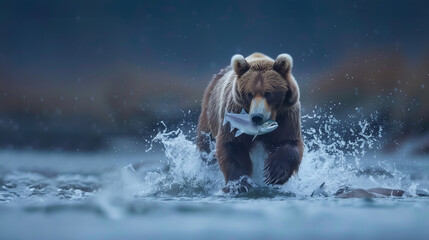 Brown bear walking through a shallow body of water, wet fur, holding a salmon in the mouth