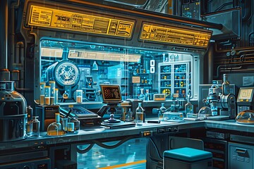 A futuristic laboratory with a computer on a desk and a sign that says "F.O.X."