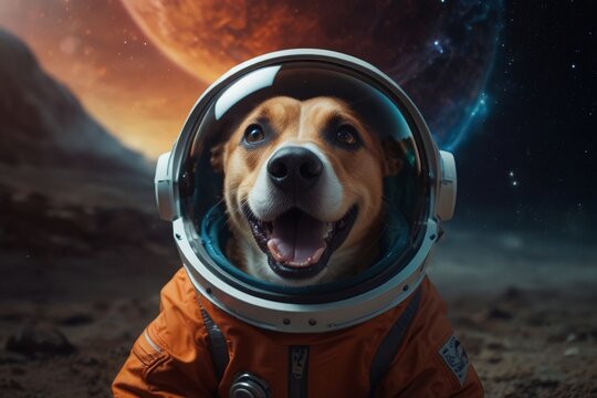 Dog in a spacesuit Colorful space galaxy cloud nebula, cosmos background wallpaper