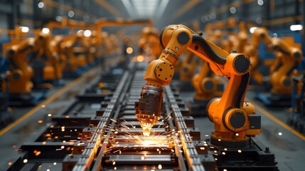 Industrial robotic arm welding on assembly line