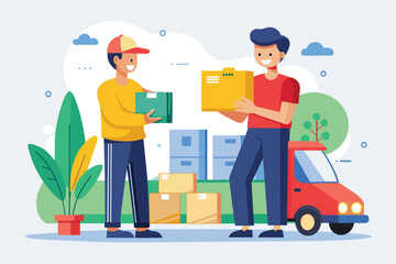 Two men standing next to each other, holding boxes in a delivery setting, The courier delivers the goods to the customer, Simple and minimalist flat Vector Illustration