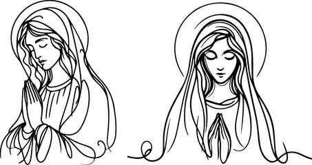 Our Lady Virgin Mary monoline doodle nocolor vector illustration silhouette for laser cutting cnc, engraving, black shape decoration