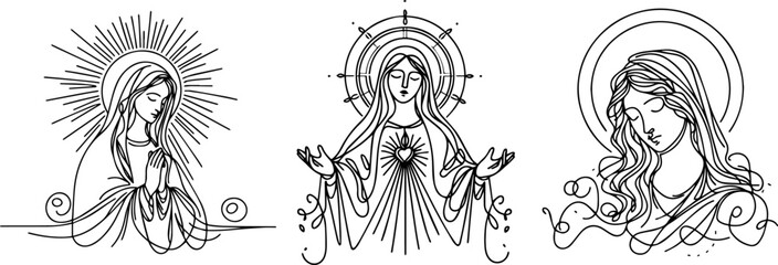 Our Lady Virgin Mary monoline doodle nocolor vector illustration silhouette for laser cutting cnc, engraving, black shape decoration