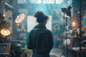 Fashion designer contemplates her studio space, bathed in natural light with a creative and moody atmosphere.