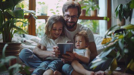 A family of three sitting on the floor at home, engaged with a digital tablet.