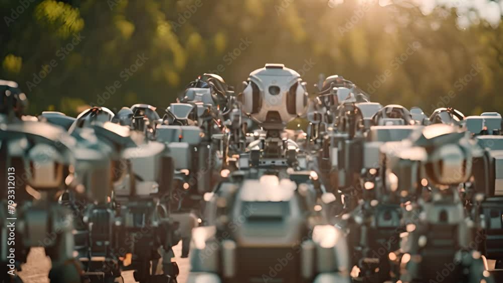 Poster group of robot-like objects in middle of field generative ai