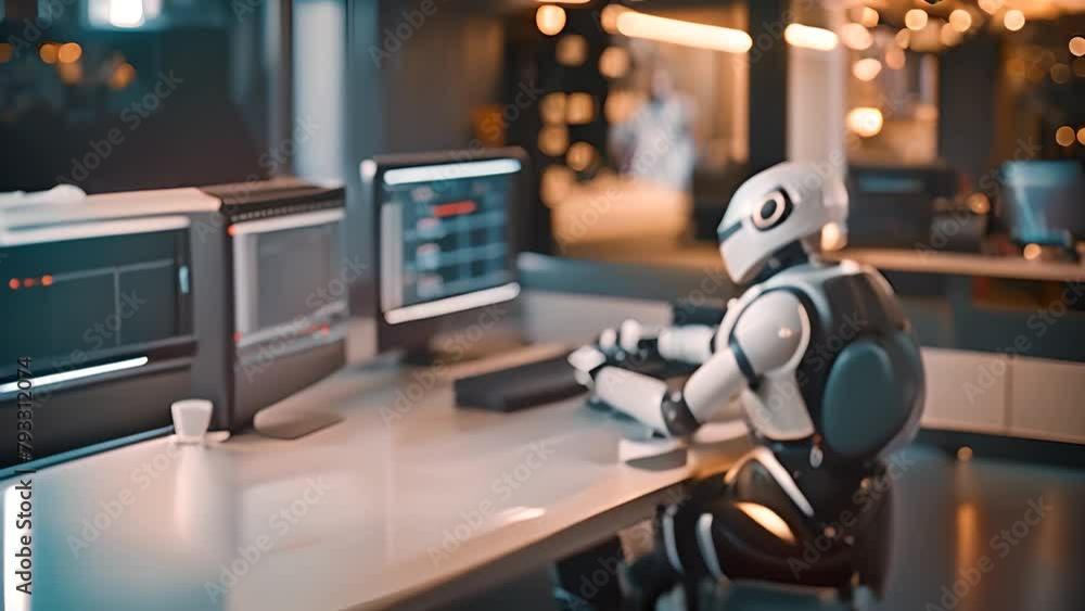 Poster robot sitting in front of computer monitor generative ai
