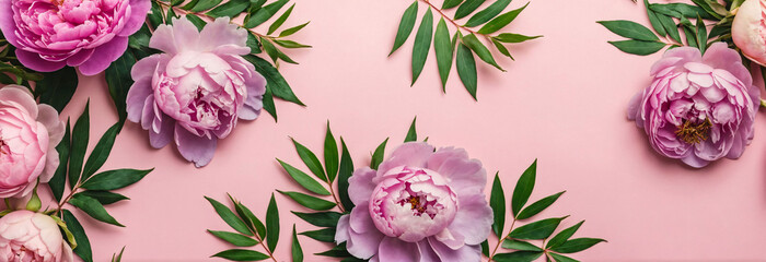 Flat-lay of summer purple peonies with green leaves over pastel pink background, top view, copy...