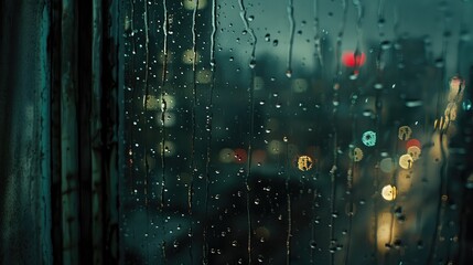 close-up of raindrops pelting against a window pane, blurred city lights in the background as a storm rages outside.
