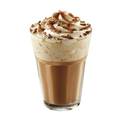 A scrumptious and chilled white chocolate mocha beverage is showcased in a glass set against a transparent background
