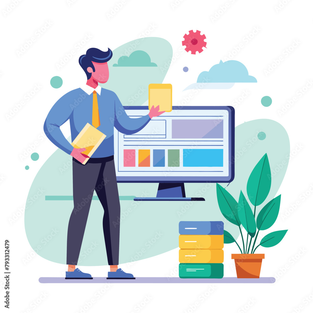 Poster a man standing in front of a computer screen displaying a management website page, the man shows the
