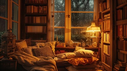 cozy reading nook bathed in soft lamplight, books and cushions arranged invitingly as rain patters against the windowpanes outside. - obrazy, fototapety, plakaty