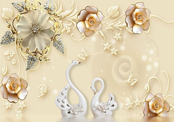 3D Wallpaper gold rose Design with jewels - beautiful wall brick background
