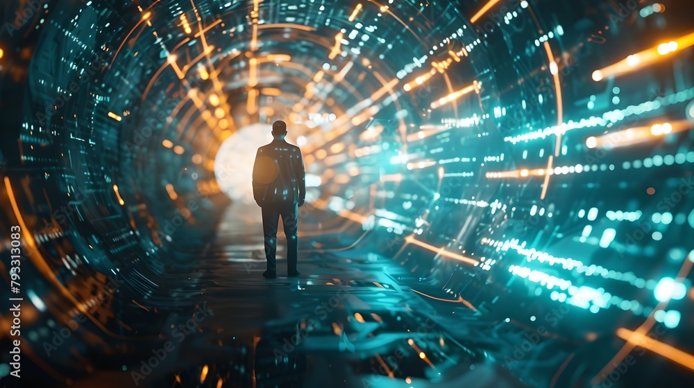 Poster man stands in a futuristic tunnel, surrounded by digital data lights. sci-fi ambiance with a sense o