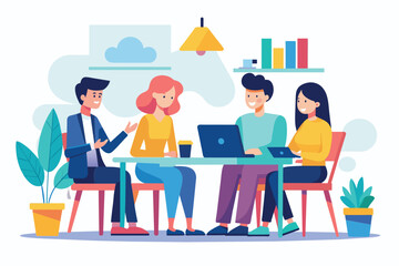 A group of individuals gathered around a table, each with a laptop, engaged in a meeting or discussion, the people are having a meeting, Simple and minimalist flat Vector Illustration