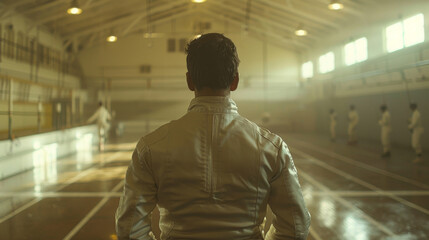 Rear view of a fencing coach observing students in a salle under warm lighting.