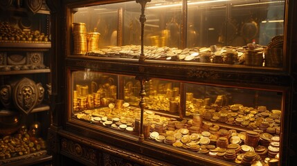 ornate display case filled with shimmering gold coins and bullion bars, representing wealth, security, and investment opportunities in precious metals.