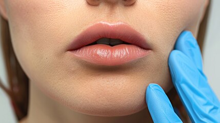 patient undergoing lip augmentation surgery to achieve fuller and more symmetrical lips, with the surgeon enhancing lip volume and shape using dermal fillers.